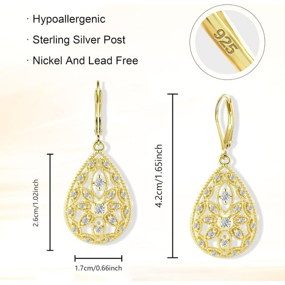 Women's 925 Sterling Golden Teardrop Dangle Earrings Cubic Zirconia Leverback - Picture 5 of 8